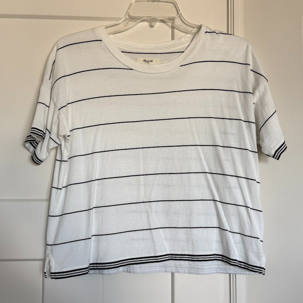 Madewell Women’s Cropped Cotton Tee White Black Stripes Size XS